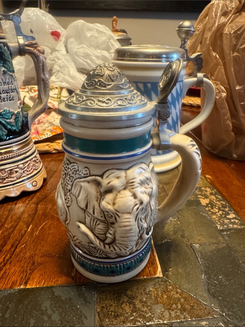 Ceramic Elephant Relief Beer Stein with Pewter Lid - Teal and Cream